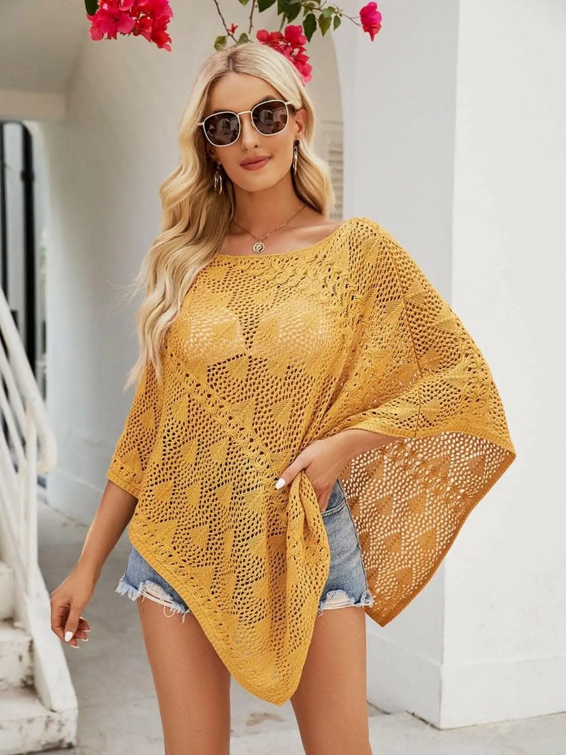 Sheer boat neck cover-up with openwork details - Love Salve